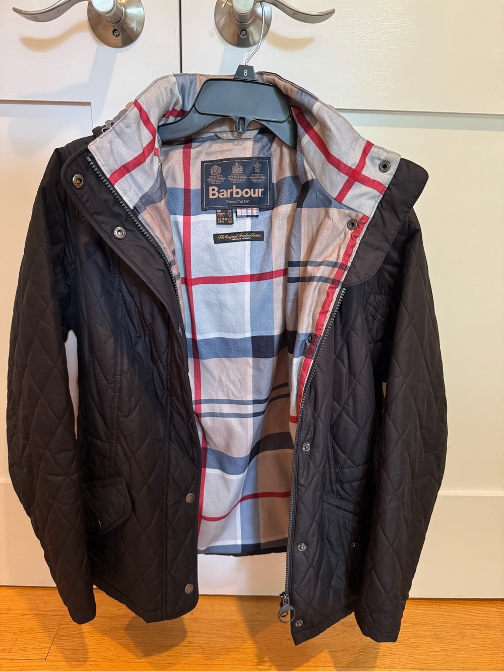 Barbour Women’s Black Quilted Hooded Jacket with Signature Tartan Lining US 12